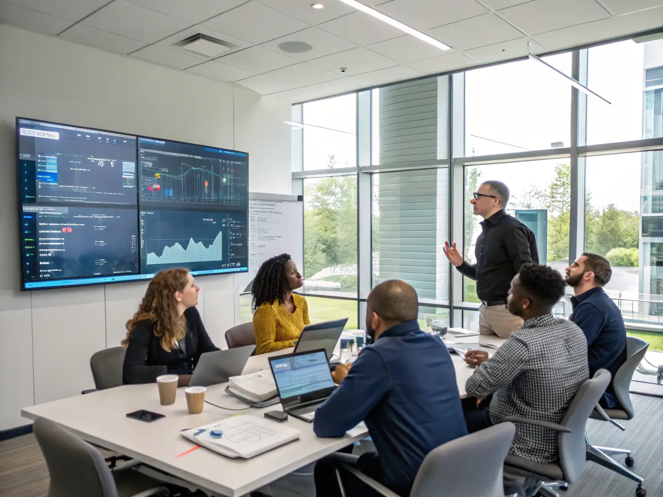 A professional image of a diverse team collaborating on AI solutions in a modern office environment, showcasing Connectech Ventures' expertise.