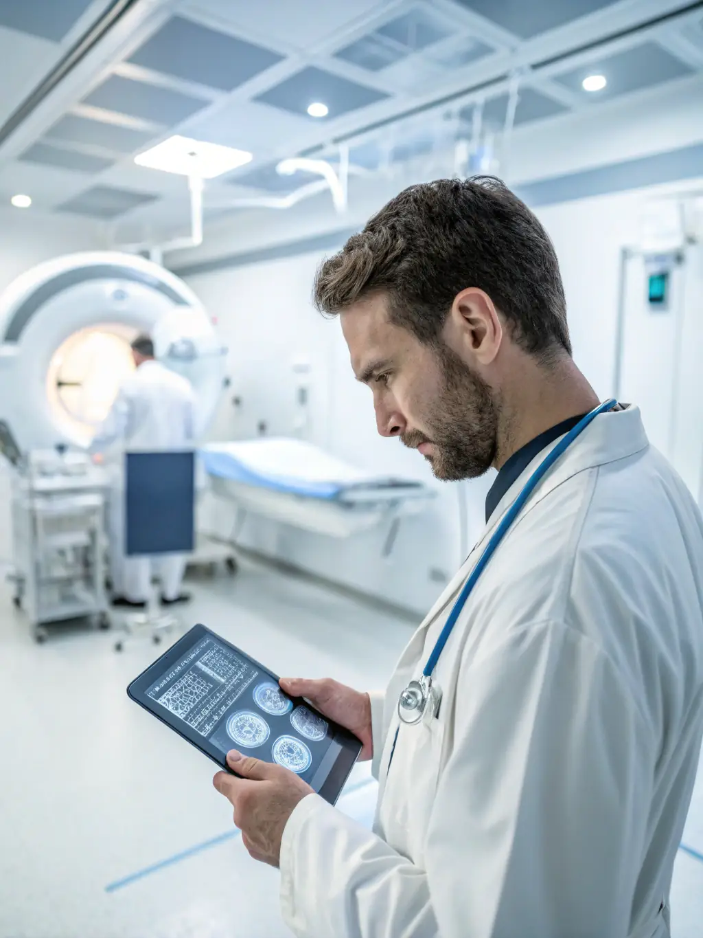 A visual of an AI system analyzing medical images, such as X-rays or MRIs, to detect anomalies and assist doctors in diagnosis. The image should emphasize the accuracy and speed of AI in medical imaging.