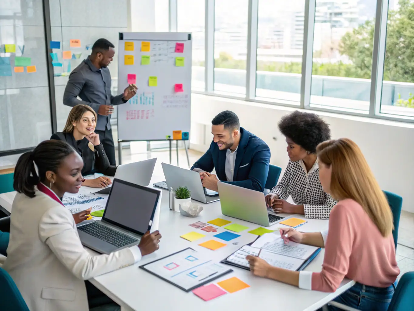 A diverse team is collaborating on a project, highlighting Adaptive AI's ability to enhance productivity and streamline workflows.
