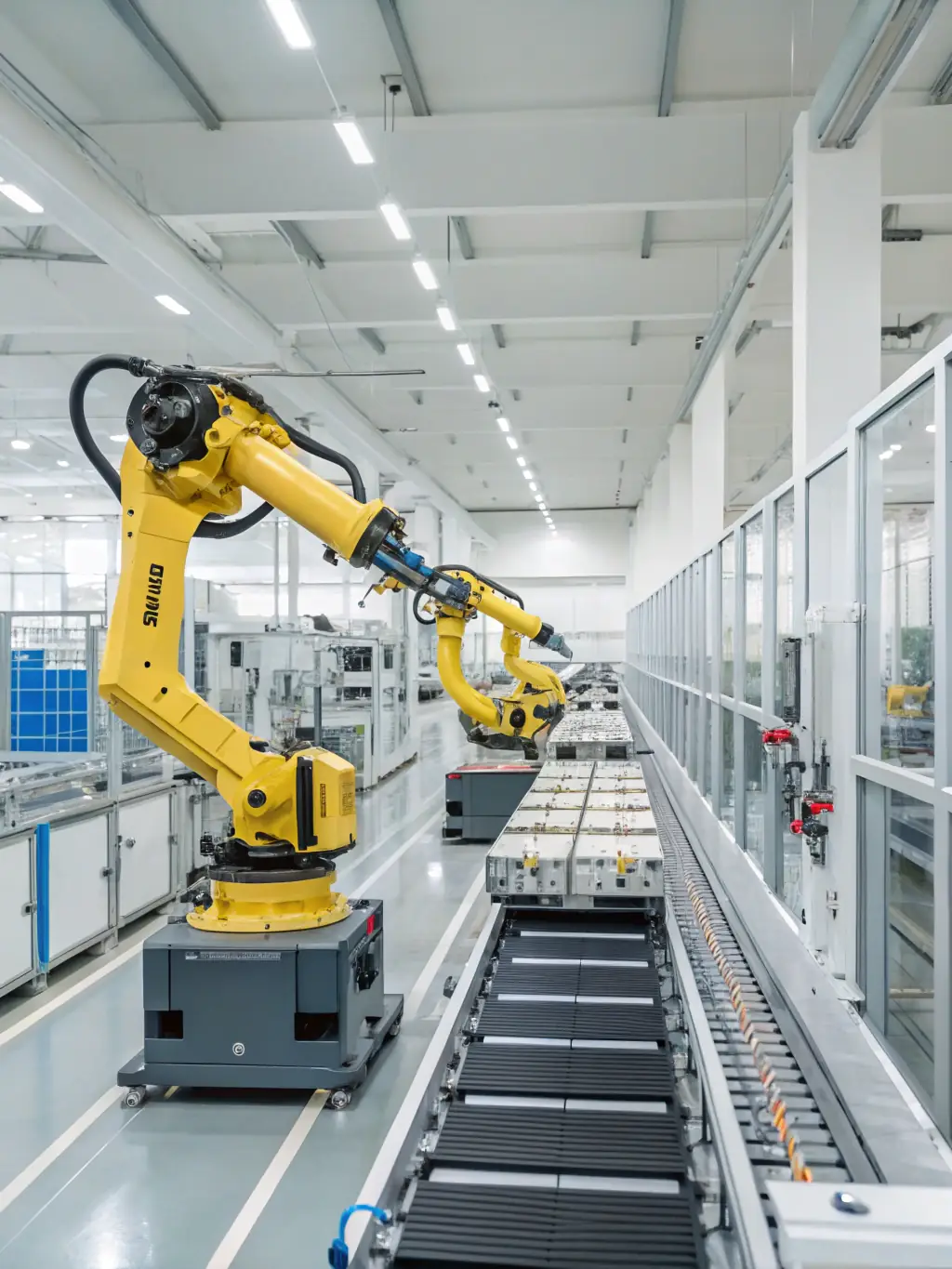 A detailed image of an AI-powered robotic arm working in a manufacturing plant, showcasing precision and efficiency. The arm is assembling components with minimal human intervention, highlighting the automation capabilities of Intelligent AI.